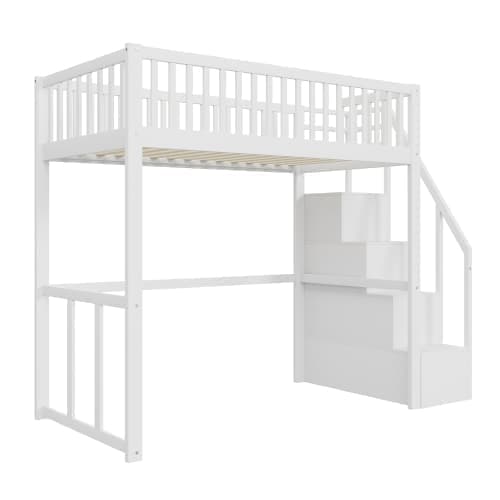 Mezzanin seng 90x200cm i træ - med bord og opbevaringstrappe
