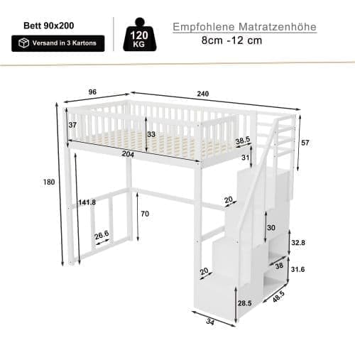 Mezzanin seng 90x200cm i træ - med bord og opbevaringstrappe