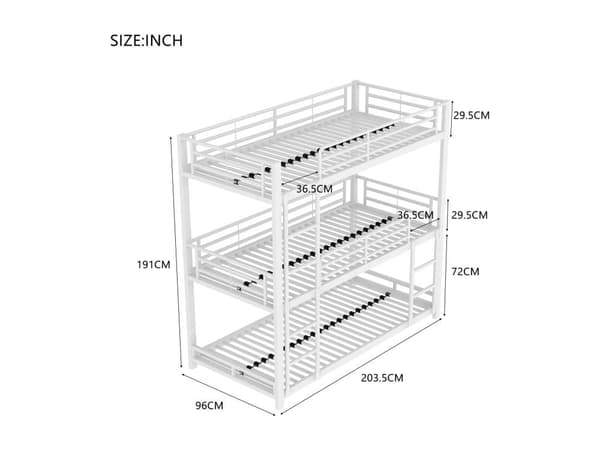 Trippel våningssäng i järn - 3x90x200cm - Vit