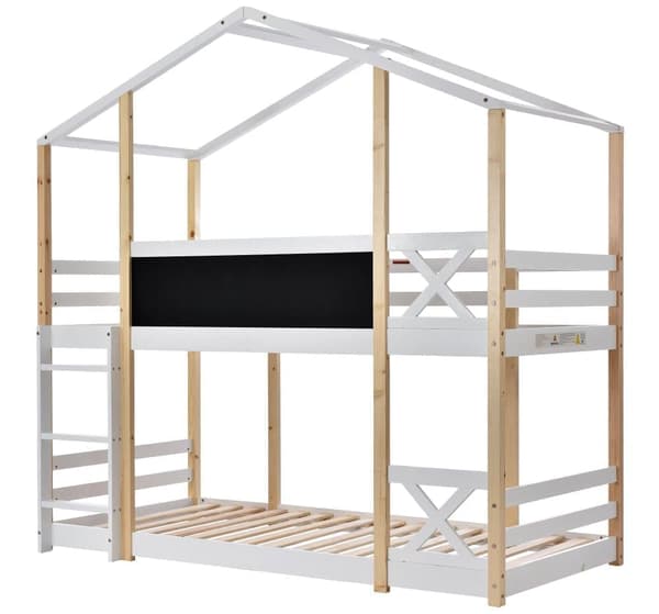 Cabane kerrossänky 90x200cm - tikkailla ja liukumäellä - mäntyrunko - valkoinen