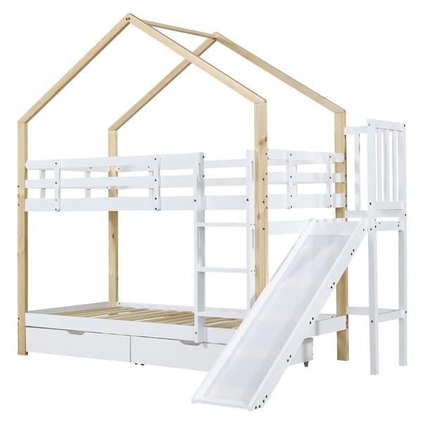 cabane kerrossänky liukumäellä, tikkailla ja laatikoilla - kiinteä mäntyrunko - 90x200cm - valkoinen