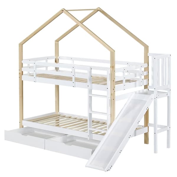 cabane kerrossänky liukumäellä, tikkailla ja laatikoilla - kiinteä mäntyrunko - 90x200cm - valkoinen