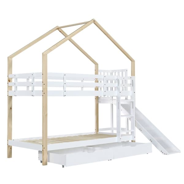 cabane kerrossänky liukumäellä, tikkailla ja laatikoilla - kiinteä mäntyrunko - 90x200cm - valkoinen