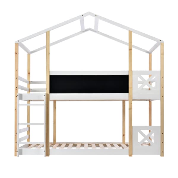 Cabane våningssäng i massiv furu med fallskyddsskenor + stege + svart tavla - 90x200cm - Naturell & Vit