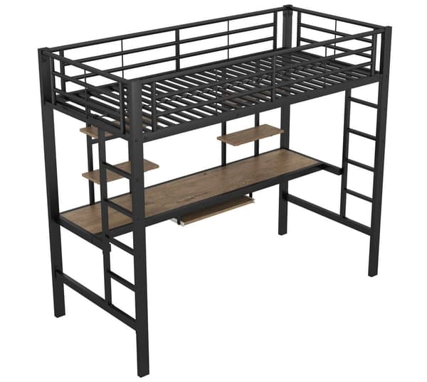 mezzanine-vuode 90x200cm - kirjoituspöydällä ja hyllyillä - metallirunko - musta
