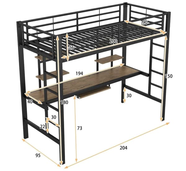mezzanine-vuode 90x200cm - kirjoituspöydällä ja hyllyillä - metallirunko - musta