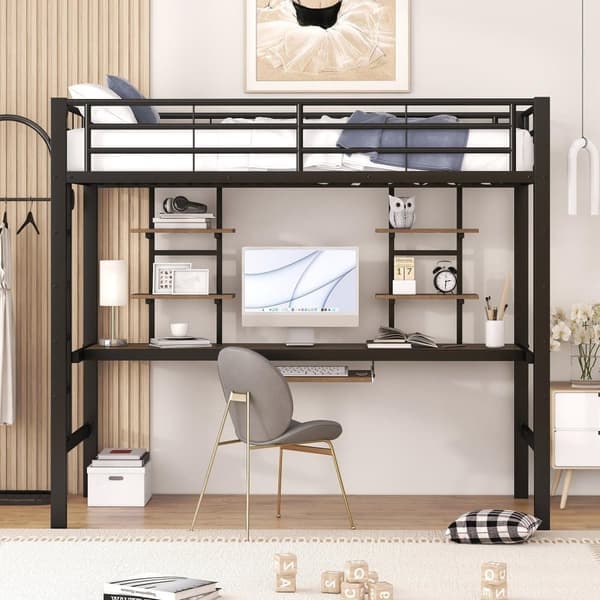 mezzanine-vuode 90x200cm - kirjoituspöydällä ja hyllyillä - metallirunko - musta