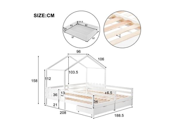 Massiv fyrretræsseng 2x90x200 cm - med 2 skuffer - Hvid