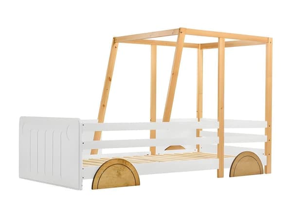 Børneseng 90x200cm i massivt fyrretræ - i form af en jeep - Hvid & Natur