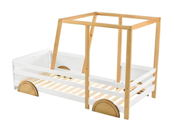 Børneseng 90x200cm i massivt fyrretræ - i form af en jeep - Hvid & Natur