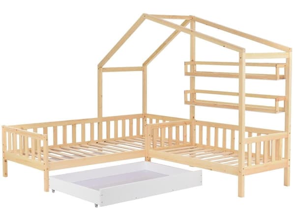 Kabinsäng i massivt trä 90x200cm + 140x70cm - med lådor och hyllor + bottenplatta - Vit