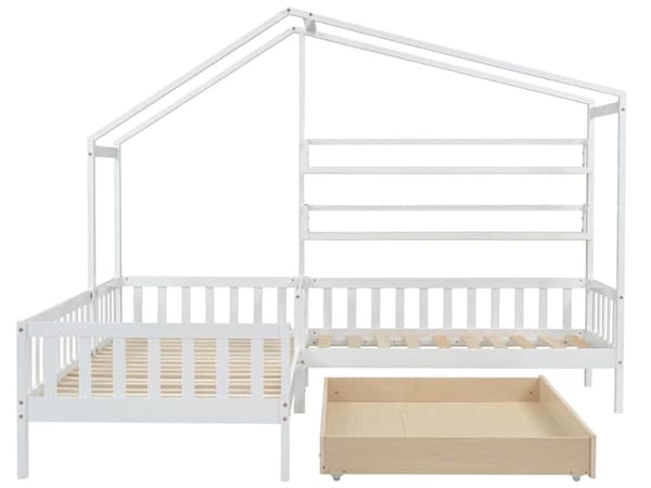 Kabinsäng i massivt trä 90x200cm + 140x70cm - med lådor och hyllor + bottenplatta - Vit