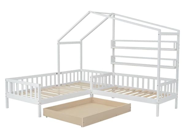 Kabinsäng i massivt trä 90x200cm + 140x70cm - med lådor och hyllor + bottenplatta - Vit