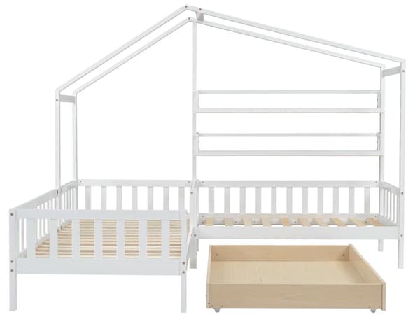 Kabinsäng i massivt trä 90x200cm + 140x70cm - med lådor och hyllor + bottenplatta - Vit