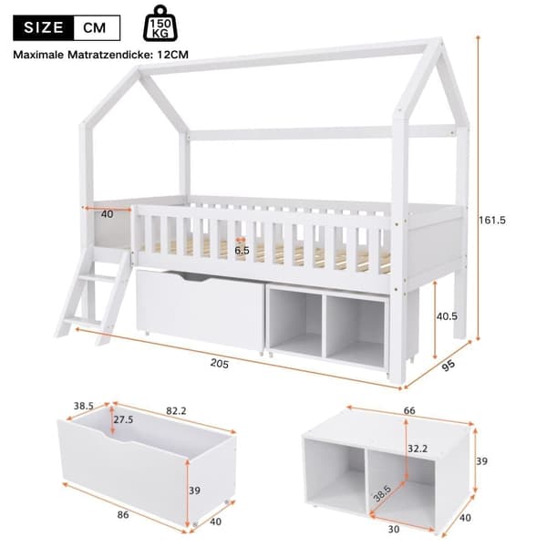Kabinsäng i massivt trä - 90x200 cm - med förvaring och stege - Vit
