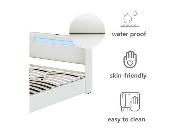 Klädd säng i läderimitation med LED, Bluetooth-spelare och USB-laddningsuttag - med lamellbotten