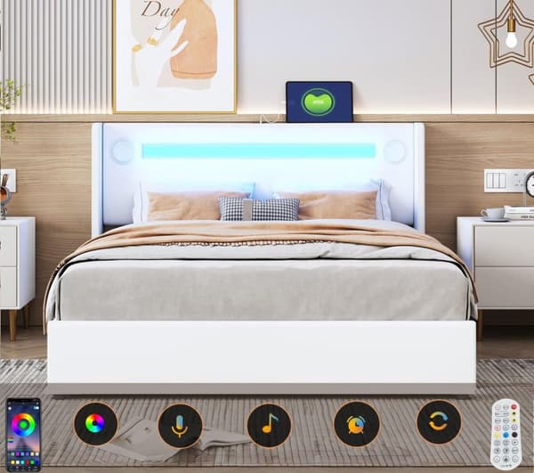 Klädd säng i läderimitation med LED, Bluetooth-spelare och USB-laddningsuttag - med lamellbotten
