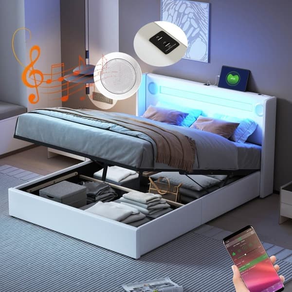 Klädd säng i läderimitation med LED, Bluetooth-spelare och USB-laddningsuttag - med lamellbotten