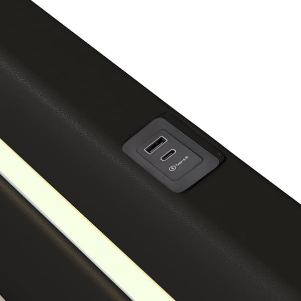 Polstret seng i imiteret læder med LED, Bluetooth-afspiller og USB-opladningsstik - med lamelbund