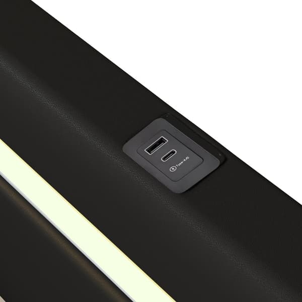 Polstret seng i imiteret læder med LED, Bluetooth-afspiller og USB-opladningsstik - med lamelbund
