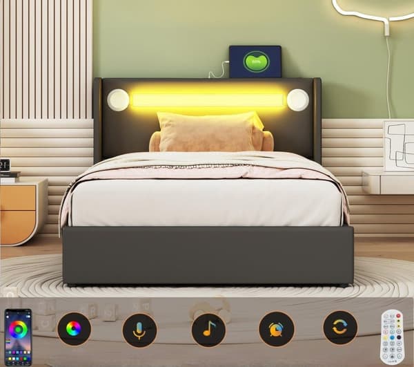Polstret seng i imiteret læder med LED, Bluetooth-afspiller og USB-opladningsstik - med lamelbund