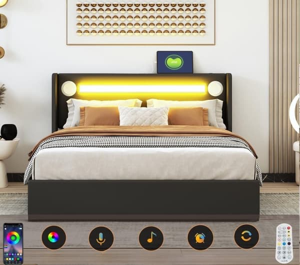 Klädd säng i läderimitation med LED, Bluetooth-spelare och USB-laddningsuttag - med lamellbotten