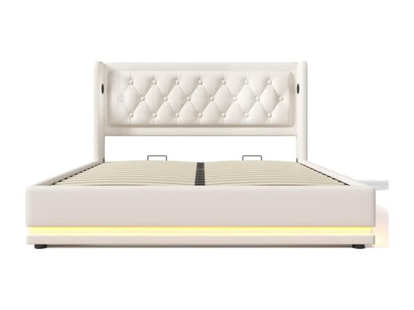 Polstret sovesofa i kunstlæder - med opladningsfunktion og LED ved fodenden af sengen