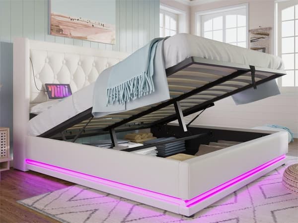 Polstret sovesofa i kunstlæder - med opladningsfunktion og LED ved fodenden af sengen