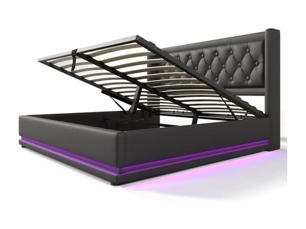 Klädd bäddsoffa i konstläder - med laddningsfunktion och LED vid sängens fotända