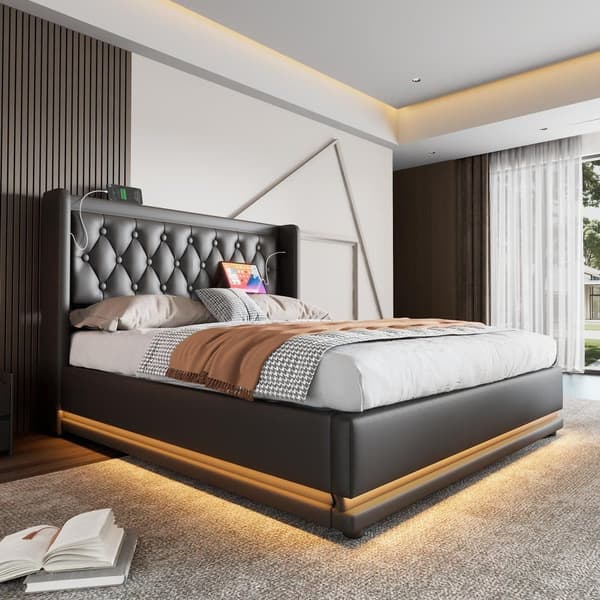 Klädd bäddsoffa i konstläder - med laddningsfunktion och LED vid sängens fotända