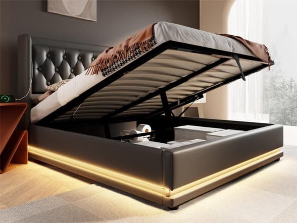 Klädd bäddsoffa i konstläder - med laddningsfunktion och LED vid sängens fotända