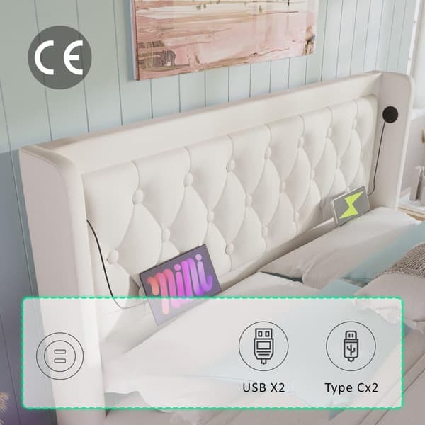 Polstret sovesofa i kunstlæder - med opladningsfunktion og LED ved fodenden af sengen