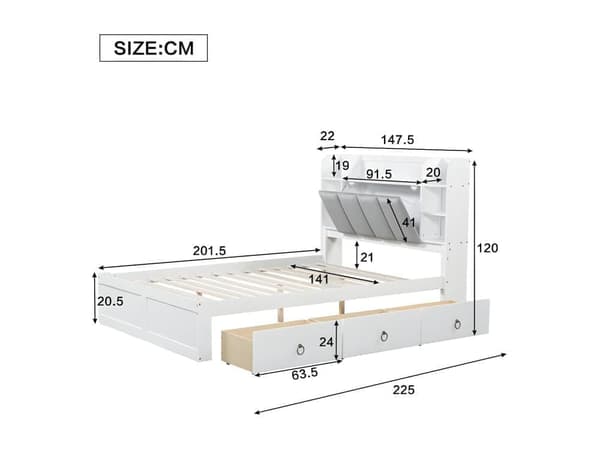 Dobbeltseng 140x200cm - fyrretræ og MDF - opbevaringsgavle med åbne hylder og 3 skuffer - Hvid