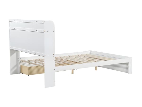 Dobbeltseng 140x200cm - fyrretræ og MDF - opbevaringsgavle med åbne hylder og 3 skuffer - Hvid