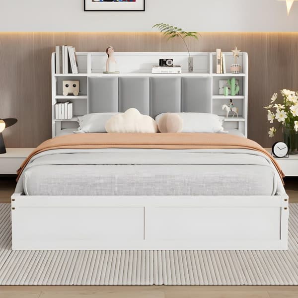 Dobbeltseng 140x200cm - fyrretræ og MDF - opbevaringsgavle med åbne hylder og 3 skuffer - Hvid