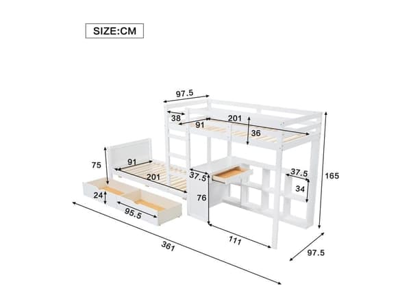 Våningssäng 90x200cm - med skrivbord & öppna hyllor & 2 lådor - furu och MDF - Vit