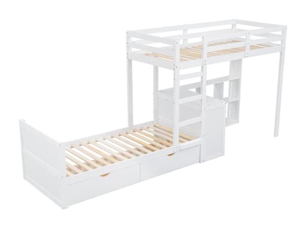 Våningssäng 90x200cm - med skrivbord & öppna hyllor & 2 lådor - furu och MDF - Vit