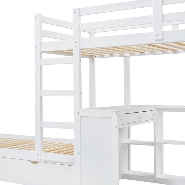Våningssäng 90x200cm - med skrivbord & öppna hyllor & 2 lådor - furu och MDF - Vit