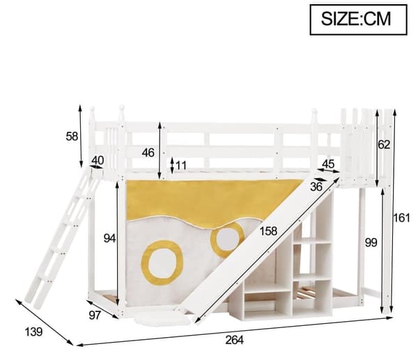 90x200cm kerrossänky massiivimännystä tikkailla ja säilytysliukumäellä - valkoinen