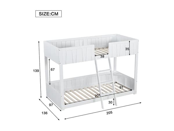 Våningssäng 90x200cm med stege och hylla - furu och MDF - Vit