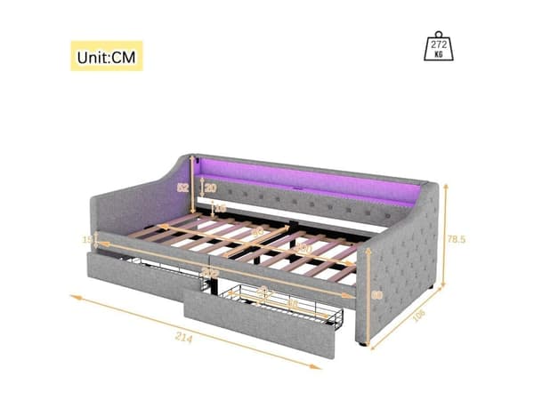 Bänkbädd i linne 90x200cm med LED - 2 lådor & USB-portar - med resårbotten