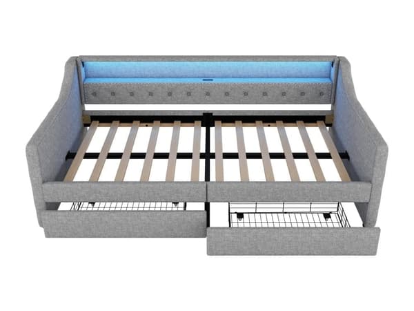 Bänkbädd i linne 90x200cm med LED - 2 lådor & USB-portar - med resårbotten