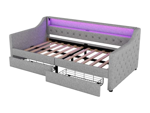 Bänkbädd i linne 90x200cm med LED - 2 lådor & USB-portar - med resårbotten