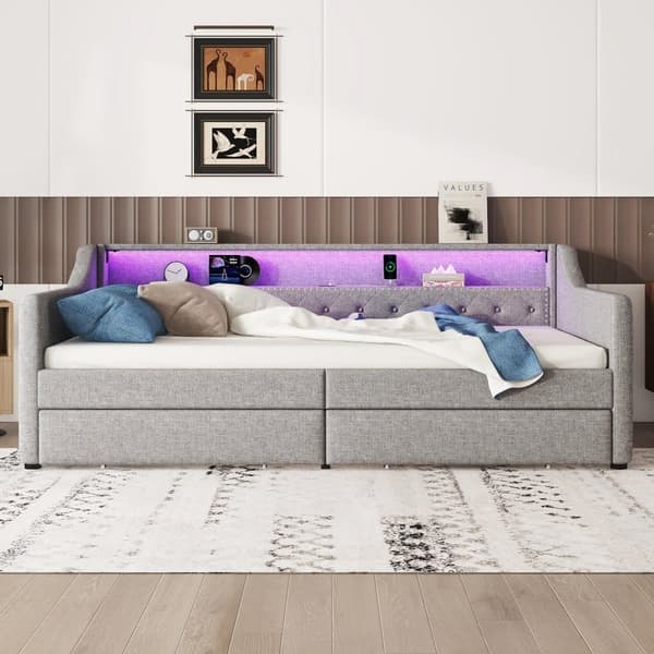 Bänkbädd i linne 90x200cm med LED - 2 lådor & USB-portar - med resårbotten