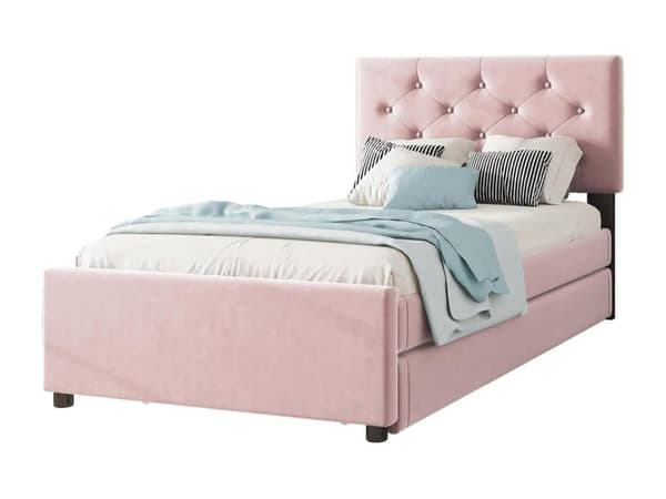 Enkeltseng 90x200cm i velour - med snubleseng - med fjederbund - (madras medfølger ikke)