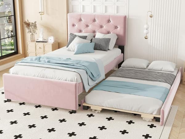 Enkeltseng 90x200cm i velour - med snubleseng - med fjederbund - (madras medfølger ikke) Pink