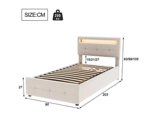 Vuodesohva 90x200cm verhoiltu sametilla - LED- ja sälepohjalla - Beige