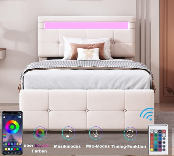 Vuodesohva 90x200cm verhoiltu sametilla - LED- ja sälepohjalla - Beige
