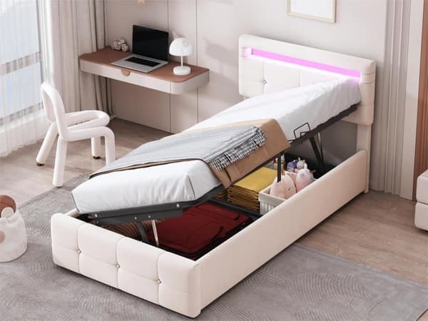 Vuodesohva 90x200cm verhoiltu sametilla - LED- ja sälepohjalla - Beige