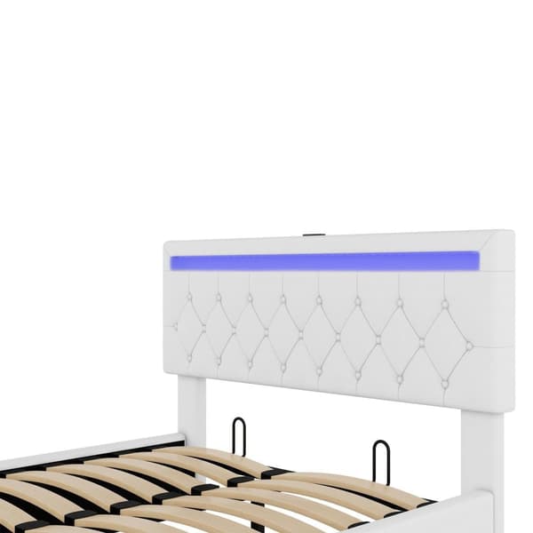 Sengegavl i linned med LED - USB- og Type-C-stik på sengen - med lamelbund